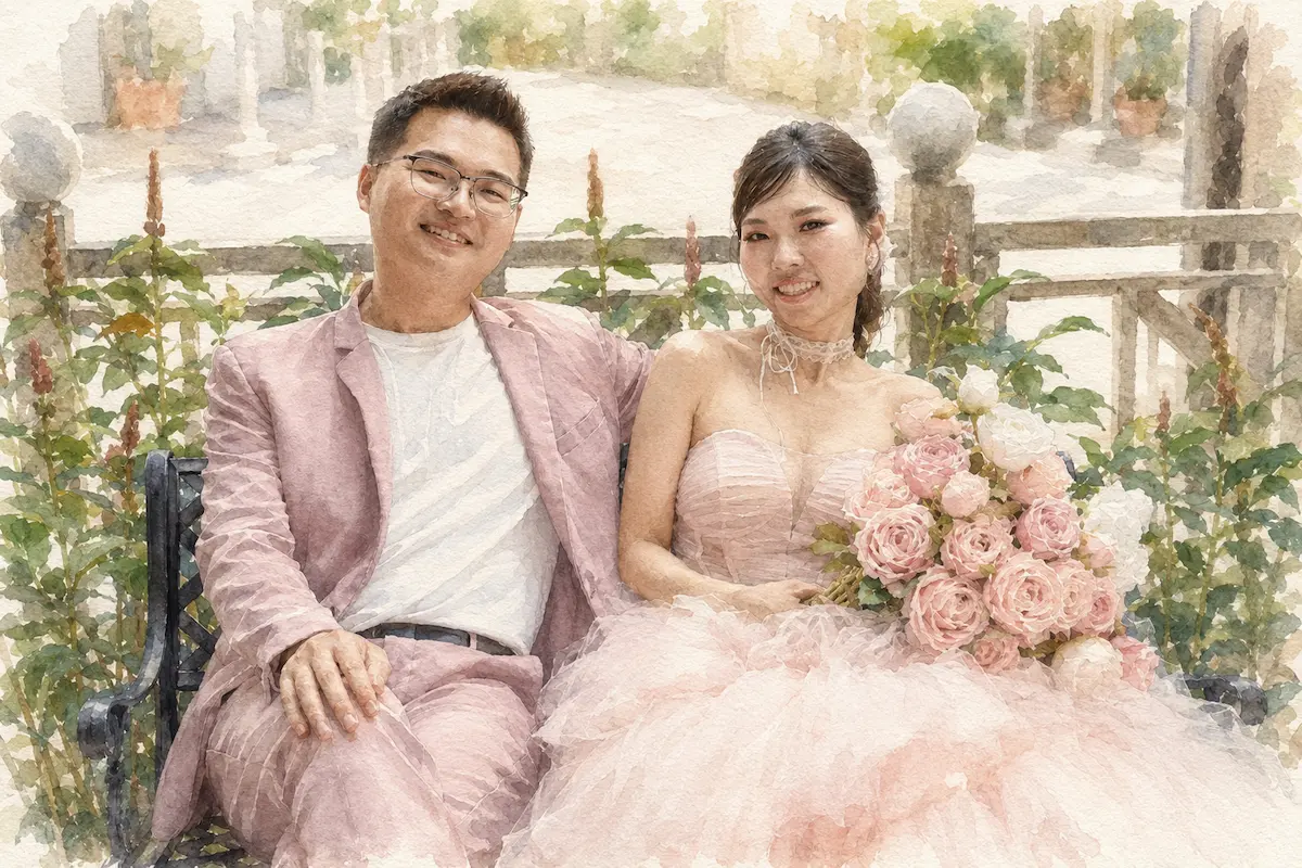 Watercolor portrait of the bride and groom